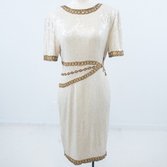 Vintage Dresses & Skirts - Vintage 10 Silk Versace-Style Sequin Dress White